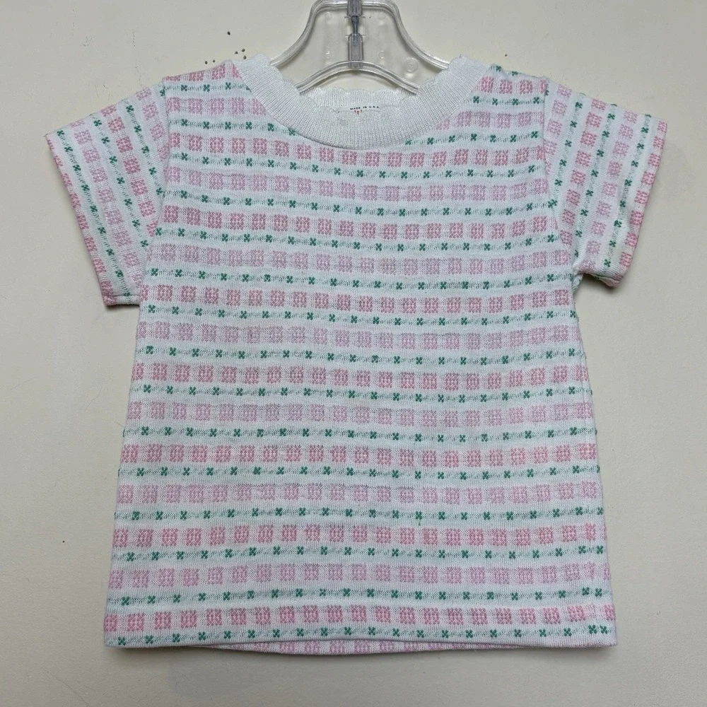 Vintage Healthtex Pink White Green Stripes Scalloped Collar 2T USA 80s